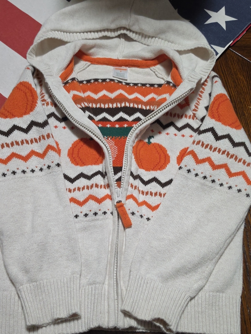 Gymboree Cream and Orange Knit Hoodie with Fair Isle Trim